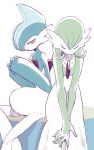  1boy 1girl alternate_color blue_hair blue_skin closed_eyes closed_mouth flat_chest gallade gardevoir gen_3_pokemon gen_4_pokemon green_hair green_skin hair_between_eyes half-closed_eyes hands_together hands_up looking_at_another looking_to_the_side minashirazu no_humans pokemon pokemon_(creature) red_eyes shiny_pokemon short_hair simple_background sitting two-tone_skin v_arms white_background white_skin 