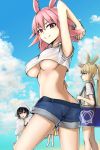  3girls :o ass bag beach bikini black_bikini black_hair blonde_hair blue_sky blush breasts cloak clouds cloudy_sky commentary_request day denim denim_shorts elfenlied22 fate/grand_order fate_(series) hand_behind_head hand_gesture head_wings highres hildr_(fate/grand_order) hood hooded_cloak large_breasts long_hair looking_at_viewer midriff multiple_girls no_bra ocean ortlinde_(fate/grand_order) pink_hair ponytail red_eyes shirt short_shorts shorts sky smile surprised swimsuit thrud_(fate/grand_order) under_boob valkyrie_(fate/grand_order) very_long_hair white_cloak white_hood white_shirt 