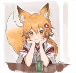  1girl :3 animal_ear_fluff animal_ears blonde_hair chin_rest closed_mouth commentary cup flower fox_ears fox_girl fox_tail hair_flower hair_ornament hands_up japanese_clothes kimono looking_at_viewer nagu red_flower senko_(sewayaki_kitsune_no_senko-san) sewayaki_kitsune_no_senko-san short_hair signature smile solo tail white_kimono yellow_eyes 