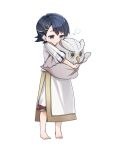  1boy alfonse_(fire_emblem) barefoot blue_eyes blue_hair closed_mouth feh_(fire_emblem_heroes) fire_emblem fire_emblem_heroes full_body hair_ornament holding kishiro_az short_hair simple_background solo stuffed_toy white_background younger 