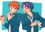  2boys blue_background blue_eyes blue_hair blue_shirt blush bow candy_jar eating emiya_shirou eyebrows_visible_through_hair fate/stay_night fate_(series) holding holding_candy holding_paper long_sleeves looking_at_another male_focus matou_shinji multiple_boys necktie open_mouth paper redhead shirt simple_background smile tatsuta_age teeth wavy_hair white_neckwear 