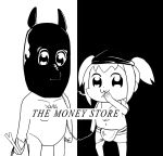  2girls :3 album_cover bag bkub_(style) cover death_grips greyscale leash looking_at_viewer midriff monochrome multiple_girls navel parody pekorino pipimi poptepipic popuko shirtless shopping_bag spring_onion the_money_store twintails 