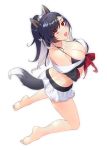  1girl :d animal_ears azur_lane bare_legs bare_shoulders barefoot black_hair breasts butt_crack collarbone eyebrows_visible_through_hair eyes_visible_through_hair fang full_body highres large_breasts long_hair looking_at_viewer mimiko_(fuji_310) miniskirt open_mouth pleated_skirt ponytail red_eyes shigure_(azur_lane) skirt smile solo tail v-shaped_eyebrows white_background white_skirt wolf_ears wolf_girl wolf_tail 
