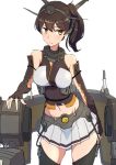  1girl alternate_costume black_gloves black_legwear breasts brown_eyes brown_hair closed_mouth collar comala_(komma_la) cosplay elbow_gloves fingerless_gloves gloves headgear highres kaga_(kantai_collection) kantai_collection looking_at_viewer medium_breasts medium_hair metal_collar midriff nagato_(kantai_collection) nagato_(kantai_collection)_(cosplay) navel rigging side_ponytail simple_background skirt solo striped striped_skirt thigh-highs turret upper_body white_background white_skirt 