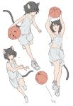  1girl animal_ears ball basketball black_hair jumping mogumo multiple_views original shoes short_hair sketch sneakers sportswear tail tank_top white_background 