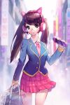  1girl academy_d.va alternate_costume animal_ears axent_wear bag bandaid_on_leg bangs bespectacled blazer breasts brown_hair cat_ear_headphones cat_ears d.va_(overwatch) ennn eyebrows_visible_through_hair fake_animal_ears glasses handheld_game_console headphones highres jacket long_hair looking_at_viewer medium_breasts necktie overwatch pink_neckwear pink_skirt playstation_portable pleated_skirt rimless_eyewear school_uniform skirt smile solo swept_bangs twintails violet_eyes walking whisker_markings 