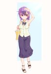  absurdres arm_up armpits bag bokutachi_wa_benkyou_ga_dekinai bow breasts day frown full_body hair_ornament handbag highres kominami_asumi looking_at_viewer mario_(dsum) outdoors purple_hair sandals short_hair short_twintails simple_background skirt small_breasts standing sweat twintails violet_eyes 