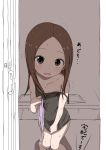  1girl absurdres aki_(yunkana) brown_eyes brown_hair camisole commentary doorway highres holding holding_towel karakai_jouzu_no_takagi-san long_hair looking_at_viewer no_bra shirt_pull solo strap_slip takagi-san towel translated wet 