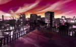  1girl artist_request building city city_lights cityscape clouds cloudy_sky highres original scenery skirt sky skyscraper solo source_request standing sunset 