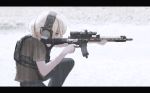  1girl aiming ar-15 blonde_hair commentary gun hair_bun headset holding holding_gun holding_weapon letterboxed load_bearing_vest one_knee original outdoors rain rifle solo weapon ylmi 