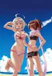  2girls ahoge bad_feet beach bikini black_bikini blue_eyes blue_sky breasts brown_eyes brown_hair closed_mouth clouds commentary_request day hair_between_eyes hair_ornament hair_over_one_eye heart heart_hair_ornament kazama_levy kurata_yui large_breasts long_hair looking_at_viewer low_twintails multiple_girls nao_akinari navel ocean open_mouth ponytail scarf silver_hair sky small_breasts smile standing standing_on_one_leg swimsuit symbol-shaped_pupils trinity_seven twintails v water white_bikini 