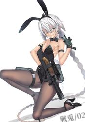  1girl animal_ears ayaki bangs black_footwear black_legwear blush bow bowtie braid breasts bunnysuit full_body gloves grey_eyes grin gun hair_between_eyes high_heels holding holding_gun holding_weapon long_hair one_knee original pantyhose rabbit_ears ribs signature skinny smile smoke solo thighs very_long_hair weapon white_background white_hair 