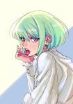  1boy androgynous blonde_hair cravat ear_piercing earrings green_hair highres jewelry lio_fotia looking_at_viewer male_focus open_mouth piercing promare runatako tongue tongue_out tongue_piercing violet_eyes 