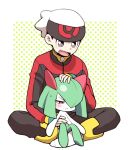  1boy 1girl annoyed bangs beanie black_pants blue_gloves blush blush_stickers closed_mouth embarrassed fingerless_gloves full_body gen_3_pokemon gloves green_hair green_skin grey_eyes hair_over_one_eye half-closed_eyes hand_on_another&#039;s_head hand_up happy hat indian_style jacket kirlia long_sleeves looking_at_another minashirazu open_mouth pants petting poke_ball_symbol poke_ball_theme pokemon pokemon_(creature) pokemon_(game) pokemon_rse polka_dot polka_dot_background red_eyes red_jacket shiny shiny_hair short_hair simple_background sitting sitting_on_lap sitting_on_person size_difference smile socks sweat two-tone_skin white_headwear white_legwear white_skin yuuki_(pokemon) 