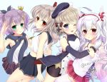  4girls arm_up artist_name ayanami_(azur_lane) azur_lane beret bike_shorts blonde_hair blue_eyes blush checkered checkered_skirt commentary_request crown elbow_gloves eyebrows_visible_through_hair gloves green_eyes hair_between_eyes hair_ornament hairclip hand_on_another&#039;s_shoulder hat javelin_(azur_lane) kayura_yuka laffey_(azur_lane) looking_at_viewer mini_crown multiple_girls neckerchief one_eye_closed open_mouth purple_hair red_eyes sailor_collar short_hair short_ponytail signature skirt sleeveless smile thigh-highs twintails white_hair white_legwear white_serafuku yellow_neckwear z23_(azur_lane) zettai_ryouiki 