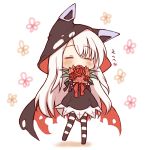  1girl azur_lane bangs black_bow black_cape black_skirt blush bouquet bow cape chibi closed_eyes commentary_request erebus_(azur_lane) eyebrows_visible_through_hair flower full_body hair_between_eyes heart holding holding_bouquet hood hood_up hooded_cape long_hair multicolored multicolored_cape multicolored_clothes no_shoes pantyhose red_bow red_cape red_flower red_rose rose sakurato_ototo_shizuku shadow skirt solo standing standing_on_one_leg striped striped_legwear torn_cape torn_clothes translated very_long_hair white_background white_hair 