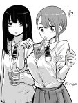 2girls bangs between_breasts blush bra breasts bubble_tea bubble_tea_challenge commentary_request cup disposable_cup drinking drinking_straw greyscale hair_between_eyes highres holding holding_cup izumi_(toubun_kata) large_breasts long_hair long_sleeves mieruko-chan monochrome multiple_girls necktie school_uniform see-through shirt short_hair simple_background sketch skirt twitter_username underwear upper_body white_background yotsuya_miko yurikawa_hana