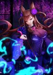  1girl ankkoyom bangs breasts brown_hair calligraphy_brush cherry_blossoms double_bun dress eyebrows_visible_through_hair fate/grand_order fate_(series) hair_ornament highres long_hair looking_at_viewer magic murasaki_shikibu_(fate) paintbrush parted_lips slit_pupils solo very_long_hair violet_eyes 