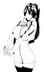  1girl black_eyes black_hair black_legwear breasts dress gamma_(ogino_jun) highres huge_breasts interlocked_fingers jacket kitajishi_miyuki long_hair looking_at_viewer monochrome ogino_jun one_eye_closed open_clothes open_jacket short_dress stretch thigh-highs zettai_ryouiki 