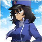  1girl andou_(girls_und_panzer) bangs bc_freedom_(emblem) bc_freedom_military_uniform black_hair blue_headwear blue_jacket blue_sky blue_vest brown_eyes closed_mouth clouds cloudy_sky commentary_request dark_skin day dress_shirt emblem girls_und_panzer hat high_collar jacket long_sleeves looking_to_the_side medium_hair messy_hair military military_hat military_uniform outdoors shako_cap shinaso_(sachi-machi) shirt sky smile solo uniform upper_body vest white_shirt 