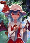  1girl :d ascot bangs bare_shoulders bat_wings blue_hair blue_sky chinese_commentary clenched_hand clouds commentary_request cosplay cowboy_shot day detached_sleeves frilled_shirt_collar frills gohei hair_between_eyes hakurei_reimu hakurei_reimu_(cosplay) hat hat_ribbon highres holding long_sleeves looking_at_viewer mob_cap open_mouth outdoors red_eyes red_ribbon red_skirt remilia_scarlet ribbon ribbon-trimmed_sleeves ribbon_trim short_hair skirt skirt_set sky smile snozaki solo touhou tree white_headwear wide_sleeves wings yellow_neckwear 