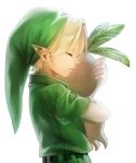  2boys belt blonde_hair carrying closed_eyes commentary_request deku_butler&#039;s_son deku_scrub from_side green_headwear green_tunic hug leaf link male_focus multiple_boys phrygian_cap pointy_ears profile short_sleeves simple_background the_legend_of_zelda the_legend_of_zelda:_majora&#039;s_mask tonykun tunic upper_body white_background young_link 