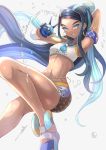  1girl arm_up armlet armpits bare_shoulders black_hair blue_eyes blue_hair breasts dark_skin earrings eyeliner forehead gloves gym_leader hair_bun highres holding holding_poke_ball hoop_earrings jewelry legs long_hair looking_at_viewer makeup multicolored_hair navel necklace ohako_(ohako1818) poke_ball pokemon pokemon_(game) pokemon_swsh rurina_(pokemon) sandals shorts single_glove small_breasts smile solo thighs water 