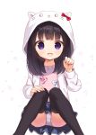  1girl :d animal_ears animal_hood bangs black_hair black_legwear blue_skirt blush bow chitosezaka_suzu commentary_request eyebrows_visible_through_hair fake_animal_ears feet_out_of_frame hand_on_own_knee hand_up hood hood_up hooded_jacket jacket knees_together_feet_apart long_hair looking_at_viewer open_clothes open_jacket open_mouth original panties pink_shirt plaid plaid_bow pleated_skirt red_bow shirt sitting skirt smile solo thigh-highs underwear violet_eyes white_background white_bow white_jacket white_panties 