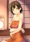  1girl blush breasts brown_eyes brown_hair hiryuu_(kantai_collection) kantai_collection kuurunaitsu lamp large_breasts naked_towel open_mouth short_hair sitting smile solo towel water_drop 