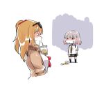  2girls absurdres anger_vein breasts bubble_tea bubble_tea_challenge chibi commentary_request cup disposable_cup drinking_straw flat_chest gentiane_(girls_frontline) girls_frontline grey_hair highres kalina_(girls_frontline) laughing medium_breasts miharu_(cgsky) multiple_girls orange_hair ponytail short_hair skirt smug spill sweatdrop tea 