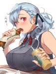  1girl bangs bare_shoulders belt blush breasts cup drinking_straw eating eyebrows_visible_through_hair fingernails food girls_frontline hair_ribbon highres holding holding_food large_breasts long_hair looking_at_viewer napkin open_mouth red_eyes ribbon satsuki_neko silver_hair solo spas-12_(girls_frontline) table tray twintails upper_body white_background 