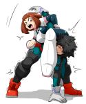  1boy 1girl angry black_hair blush_stickers bodysuit boku_no_hero_academia boots breasts brown_eyes brown_hair clenched_teeth commentary_request freckles gloves grey_gloves high_heel_boots high_heels highres large_breasts midoriya_izuku open_mouth red_footwear sakasa_gurasan shiny shiny_hair short_hair sidelocks submission_hold tears teeth uraraka_ochako wrestling 