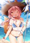  1girl ;d animal_ears beach_umbrella bikini blue_bikini blush breasts brown_eyes cowboy_shot crop_top ears_through_headwear fate/grand_order fate_(series) fox_ears fox_girl fox_tail front-tie_top groin hat highres holding holding_umbrella long_hair looking_at_viewer medium_breasts navel ocean one_eye_closed open_mouth pink_hair see-through shiino_sera shirt short_sleeves side-tie_bikini smile solo standing stomach straw_hat swimsuit tail tamamo_(fate)_(all) tamamo_no_mae_(swimsuit_lancer)_(fate) thighs umbrella water wet wet_clothes wet_shirt 