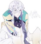  1boy asclepius_(fate/grane_order) bangs blue_eyes commentary_request eyebrows_visible_through_hair fate/extra fate/extra_ccc fate/grand_order fate_(series) long_hair long_sleeves looking_at_viewer meltryllis silver_hair simple_background sleeves_past_fingers sleeves_past_wrists solo standing white_background yo_ru_wie 