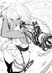  1girl action ahoge aiming boots braid breasts dual_wielding fate/grand_order fate_(series) finger_on_trigger gloves gun highres holding holding_gun holding_sword holding_weapon imizu_(nitro_unknown) lakshmibai_(fate/grand_order) long_braid long_hair medium_breasts monochrome no_bra scabbard serious sheath shell_casing sideboob sketch solo sword thigh-highs thigh_boots twin_braids weapon 