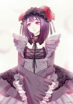  1girl artist_name choker dress flower frilled_dress frilled_skirt frilled_sleeves frills gothic_lolita hair_flower hair_ornament kitagawa_marin lolita_fashion long_sleeves lutherniel purple_hair red_eyes skirt solo sono_bisque_doll_wa_koi_wo_suru 