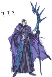  1boy ? alternate_class alternate_costume armor black_gauntlets boots cape fate/grand_order fate_(series) glasses highres holding holding_staff mage_staff miwa_shirow multicolored_hair purple_boots purple_cape sigurd_(fate) solo spikes spiky_hair staff white_background 