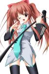 \m/ aloe brown_hair cosplay detached_sleeves hatsune_miku hatsune_miku_(cosplay) long_hair macross macross_frontier microphone microphone_stand necktie parody quiz_magic_academy seikan_hikou solo thighhighs twintails vocaloid wink yoshiharu 