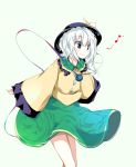  hat komeiji_koishi legs looking_down messy_hair musical_note outstretched_arms simple_background smile spread_arms standing third_eye touhou usotsukiya white_hair 