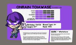  1boy boku_no_hero_academia brown_shoes card chibi collared_shirt commentary covered_eyes english_commentary english_text green_pants grey_jacket jacket necktie original pants playing_card purple_hair purple_mask red_necktie redringo188 school_uniform shirt shoes solo stats u.a._school_uniform white_shirt 