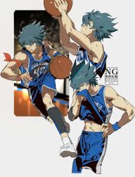  1boy absurdres ball basketball_(object) basketball_uniform blue_hair blue_shirt blue_shorts cocaduel collarbone english_text full_body green_eyes highres holding holding_ball johan_andersen male_focus multiple_views navel open_mouth running shirt shorts solo sportswear sweat upper_body watermark white_background yu-gi-oh! yu-gi-oh!_gx 