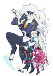  1boy 2girls animal_ears baobhan_sith_(fate) baobhan_sith_(first_ascension)_(fate) black_bow black_dress blue_eyes bow braid cocozome dress fate/grand_order fate_(series) furry furry_male hair_between_eyes hair_bow half_up_braid long_hair looking_at_viewer morgan_le_fay_(fate) morgan_le_fay_(first_ascension)_(fate) multiple_girls open_mouth pointy_ears ponytail simple_background smile suit very_long_hair white_hair woodwose_(fate) 