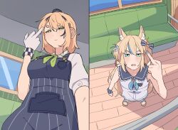  2girls addendium ahoge animal_ear_fluff animal_ears black_hair blonde_hair blue_eyes blue_hair blue_nails blue_overalls blue_sailor_collar bow cat_ears collarbone dooby_(vtuber) dress gloves green_eyes hair_bow hair_ornament height_difference highres indie_virtual_youtuber long_hair looking_down looking_up middle_finger multicolored_hair multiple_girls nail_polish one_side_up overalls sailor_collar sameko_saba short_eyebrows short_hair sleeveless sleeveless_dress streaked_hair thick_eyebrows train_interior very_long_hair virtual_youtuber white_gloves 