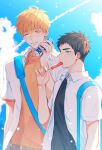  2boys bag black_hair blonde_hair blue_eyes blue_sky can clouds commentary_request day food food_in_mouth groo29 height_difference holding holding_can kasamatsu_yukio kise_ryouta kuroko_no_basuke looking_at_viewer male_focus multiple_boys one_eye_closed open_clothes orange_shirt outdoors parted_lips popsicle shirt short_hair sky sweatdrop white_shirt 