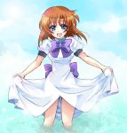  bow cloud clouds dress dress_lift hazuki_megumi higurashi_no_naku_koro_ni laugh laughing orange_hair outdoors outside ryuuguu_rena short_hair sky standing turtleneck water 