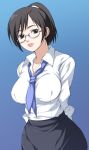  arms_behind black_eyes black_hair breasts glasses holon large_breasts necktie ponytail real_drive short_hair tannoi_(pixiv) 