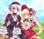  blush bonnet bow bows closed_eyes flower hazuki_megumi long_hair lowres red_eyes rozen_maiden shinku silver_hair smile suigintou 