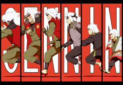  1boy face_piercing facepaint facial_hair fishnets frog goatee headband japanese_clothes jiraiya_(naruto) kalk0011 long_hair male_focus naruto_(series) ninja open_mouth piercing running sandals vest white_hair 