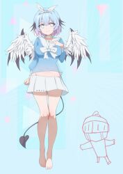  1girl arona_(blue_archive) arona_(blue_archive)_(cosplay) barefoot black_souls black_souls_2 black_tail black_wings blue_background blue_eyes blue_hair blue_shirt bow bow_hairband breasts choker closed_mouth cosplay demon_tail feathered_wings gradient_hair grimm_(black_souls) hair_over_eyes hairband hand_on_own_chest head_wings headband heart heart-shaped_pupils highres lingeriena_(black_souls) long_legs long_sleeves looking_at_viewer multicolored_hair navel nose pink_hair ribbon sailor sailor_collar see-through_clothes see-through_shirt shirt sidelocks simple_background skirt smile symbol-shaped_pupils tail triangle white_choker white_headband white_ribbon white_skirt white_wrist_cuffs wings wrangelina wrist_cuffs 
