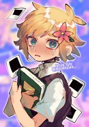  1boy antenna_hair basil_(faraway)_(omori) basil_(omori) black_sweater_vest blonde_hair blue_eyes book crying crying_with_eyes_open dated flower hair_flower hair_ornament holding holding_book male_focus omori parted_lips photo_(object) repikinoko scrapbook short_hair short_sleeves solo sweater_vest tears teeth twitter_username upper_teeth_only 